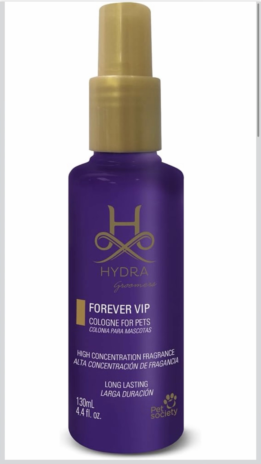 Purple Hydra Forever VIP pet cologne bottle with gold spray cap, 130 ml